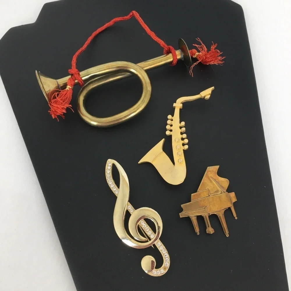 Vintage Music Brooch Pin Bundle Treble Clef Saxophone Piano And Horn Ornament